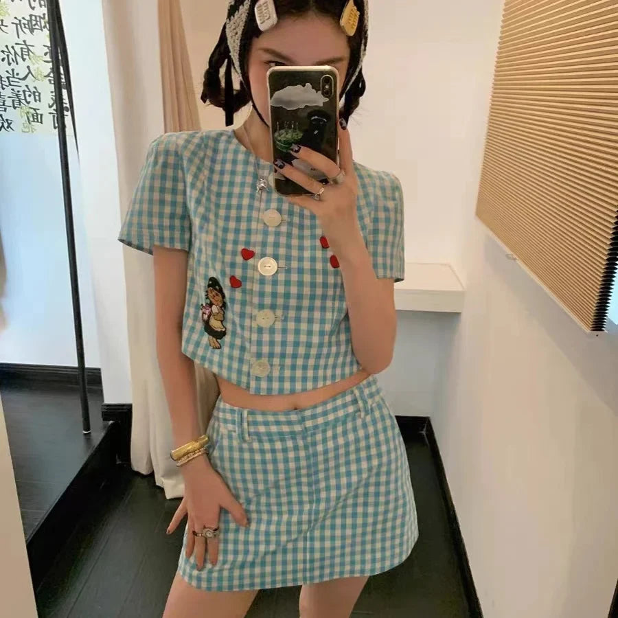 MQTIME - Summer Sweet Skirts Set Blue and White Plaid Embroidered Short Sleeve Top High Waist Short Skirt Two Piece Set Women Outfits