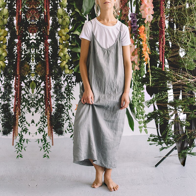 nvxiot Casual Loose Cotton Linen Women'S Dresses Summer Sexy Spaghetti Strap Sleeveless Harajuku Long Midi Party Club Dress