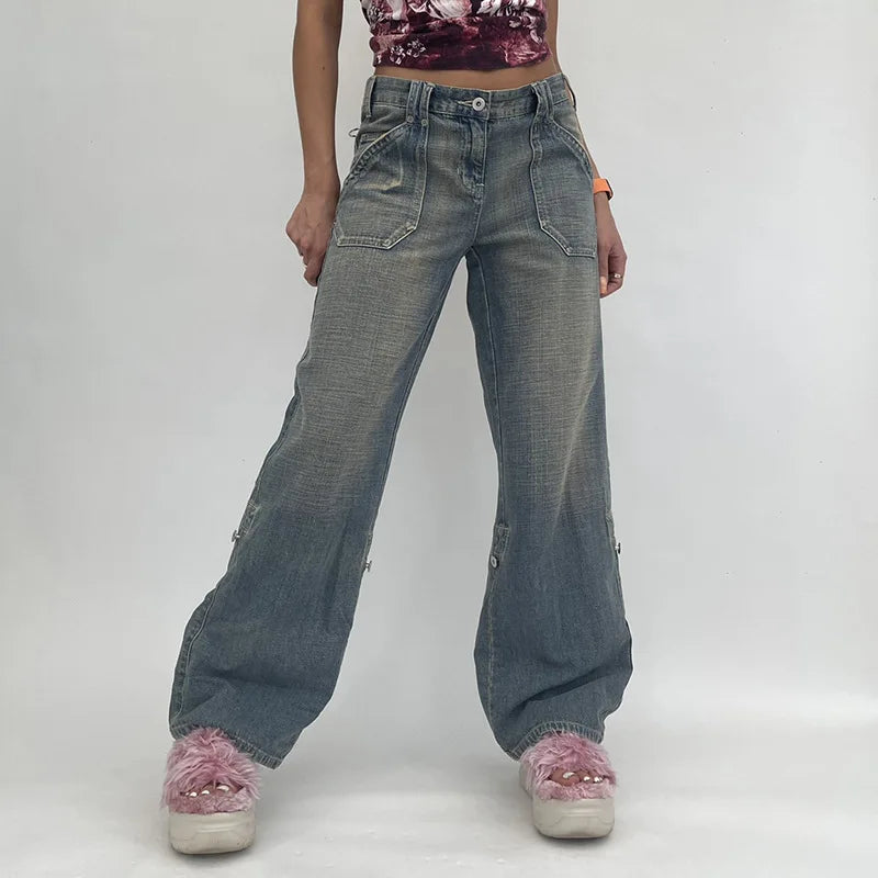 nvxiot Jeans for women high-waisted straight casual pants irregular pocket cargo pants mopping women's retro denim wide-leg trousers