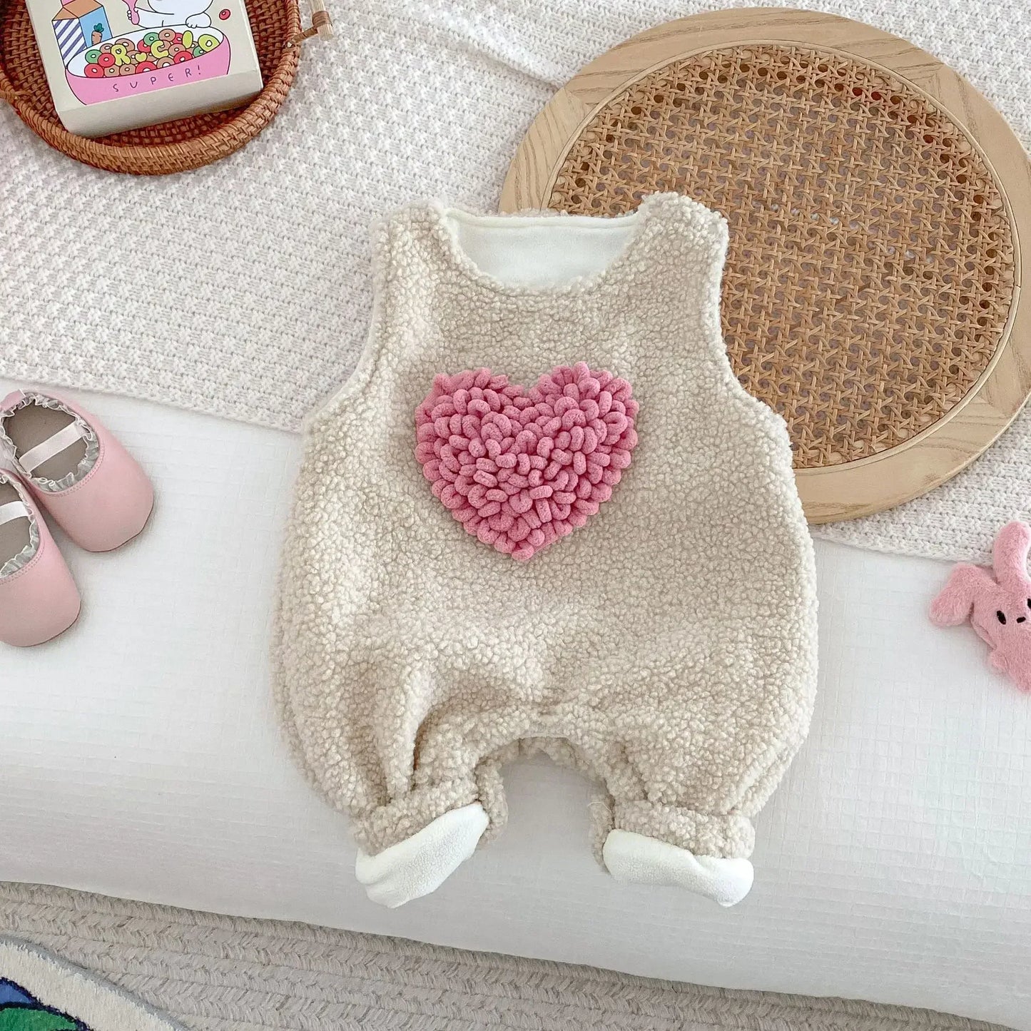 MQTIME - Autumn/Winter Baby Fleece Rompers 0-2 Y Infant Girls Sweet Heart Sleeveless Jumpsuit Toddler Warm Fur Outwear