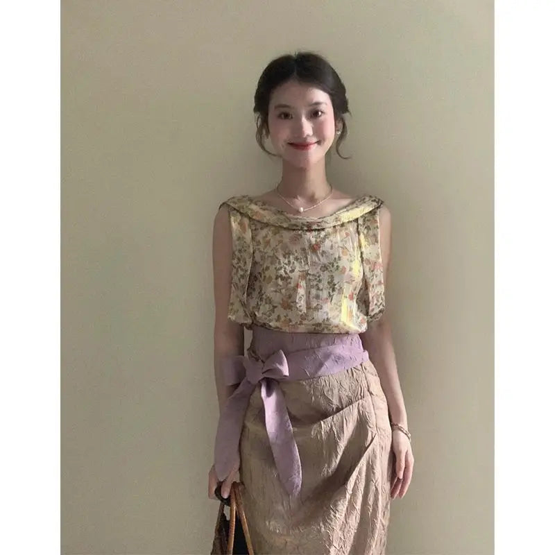 MQTIME - French Vintage Printed Sleeveless Top Ladies Elegant Style Slimming Lace up Long Skirt Set Summer Two Piece Sets Women Outfits