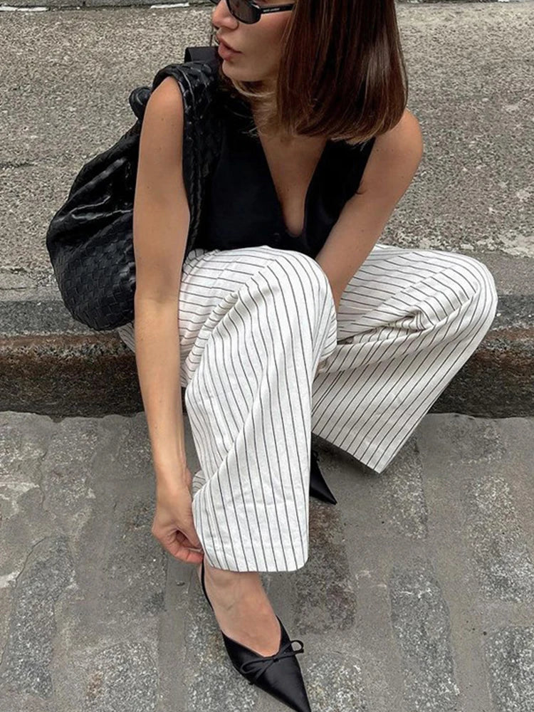 MQTIME - Spring Summer 2024 Women Striped Office Trousers High Waist Loose Wide Leg Flare Pants For Women