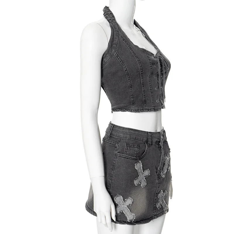 nvxiot - Tassel Cross Embroidery Denim Two Piece Set Women Summer Grommet Lace Up Halter Backless Tank Crop Tops + Mini Skirts Jeans Suit