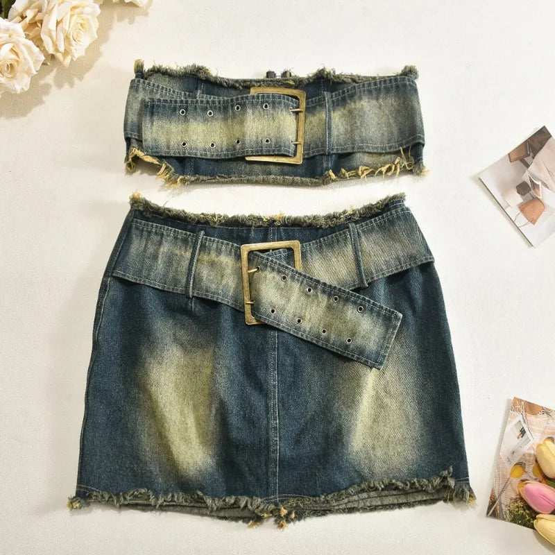 nvxiot - Women Sexy Denim Tassel 2 Piece Set Grommet Buckle Belt Strapless Crop Tops + Mini Skirts High Stretch Streetwear Jeans Suits