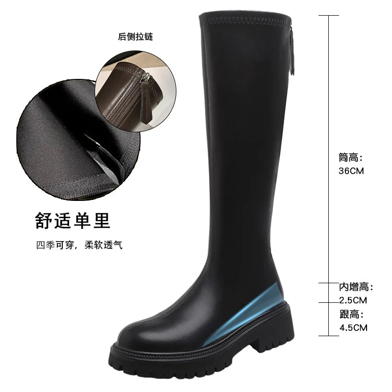 nvxiot - Women's Long Boots Autumn/Winter Thick Sole Round Toe Fashion Versatile Inner Heightening British Brown Knight Boots Women
