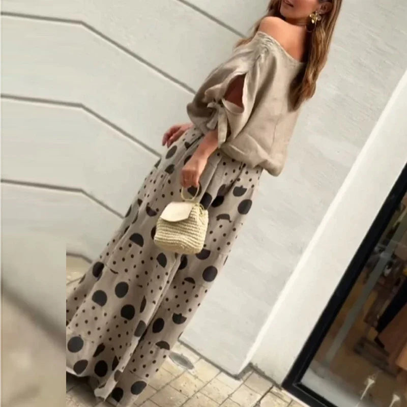 MQTIME - Fashion High Street Outfits Casual Diagonal Neck Hollow Top with Wide Leg Pants Sets Summer Loose Polka Dot Printed Women Suit