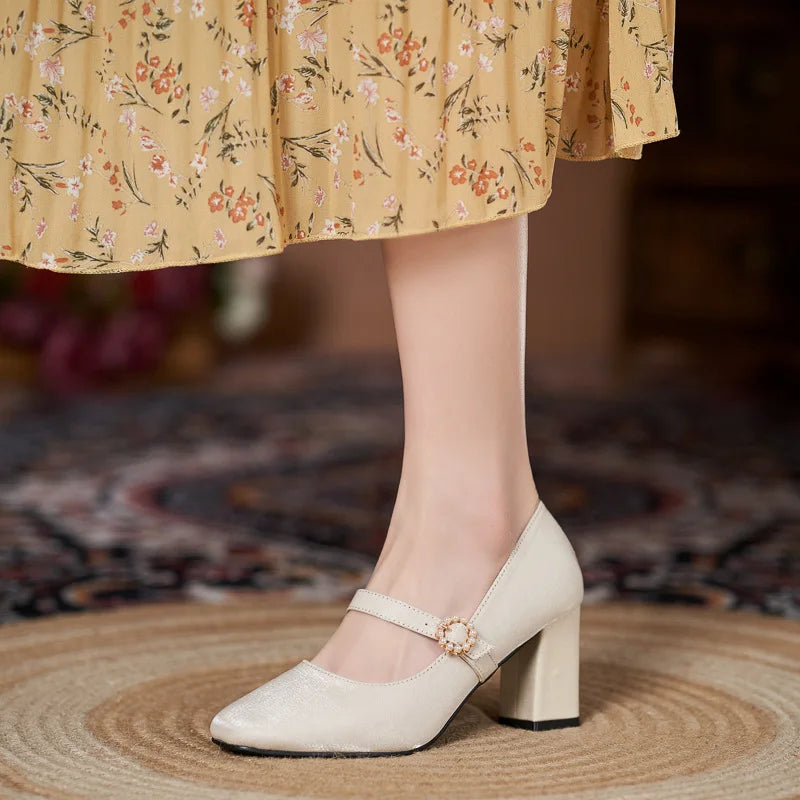 MQTIME - Vintage Pearl Buckle Thick-Heeled Silk Satin High Heels Mary Jane Shoes for Women Chunky Heels Pumps Woman Shoes Fat Wide Feet