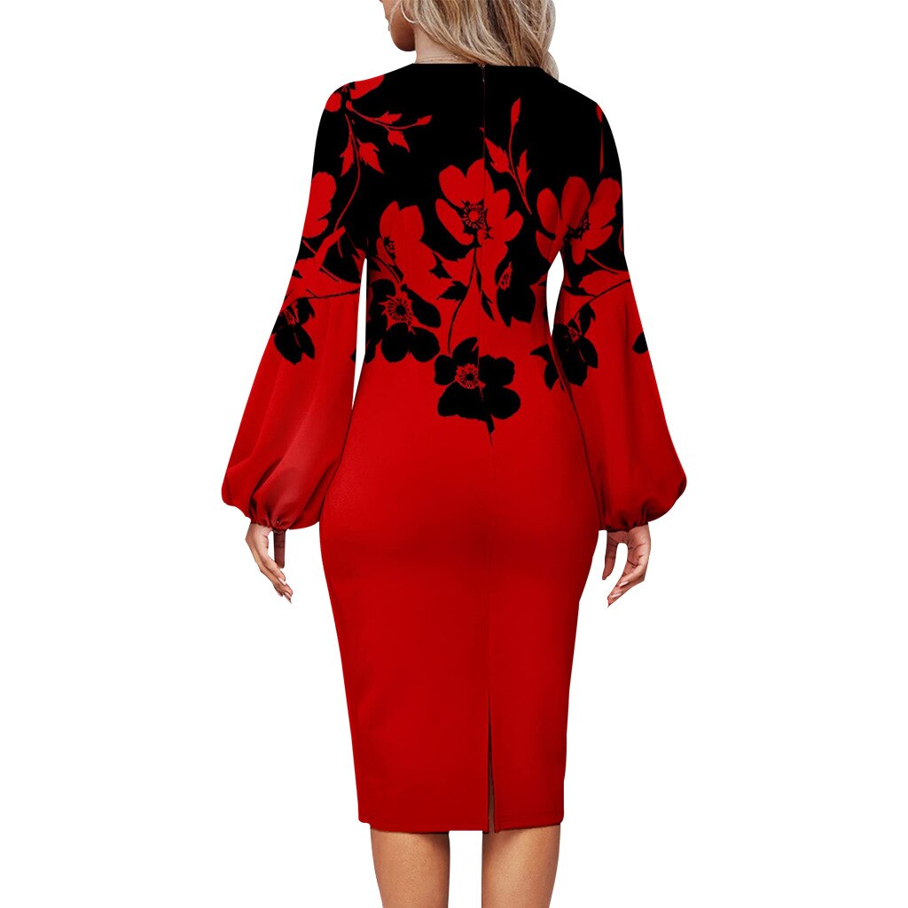 nvxiot Fashion Floral Print Dress Women Elegant O Neck Long Sleeve Party Robes Bodycon Lantern Sleeves African Printed Vestidos Autumn