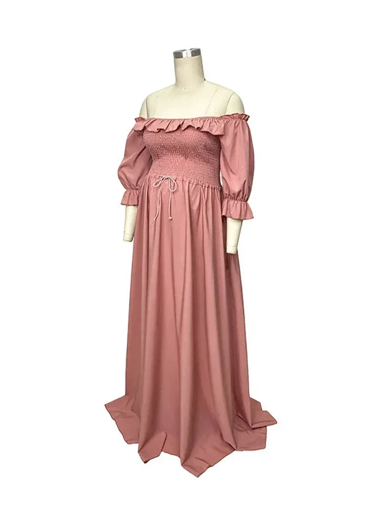nvxiot - Pink Ruffle Off Shoulder Boho Photoshoot Pregnant Pregnancy Baby Shower Photography Maternity Clothes Maxi Dress For Women