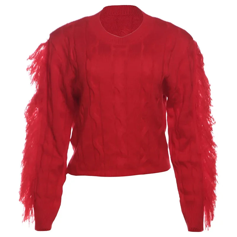 MQTIME - Tassel Long Sleeve Sweater For Women's 2024 Winter Slim O Neck Short Pullover Autumn Street Red Trendy Slim Knit Sweater