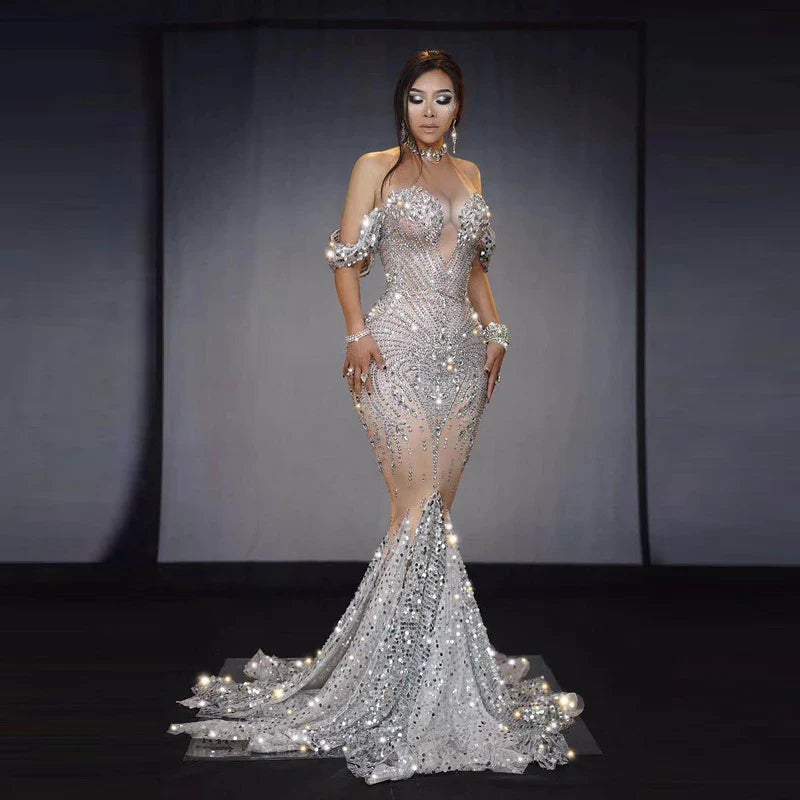 nvxiot - Shiny Stones Maternity Photo Dress Diamonds Embellished Women Sexy Nude Long Dress Luxury Evening Dresses
