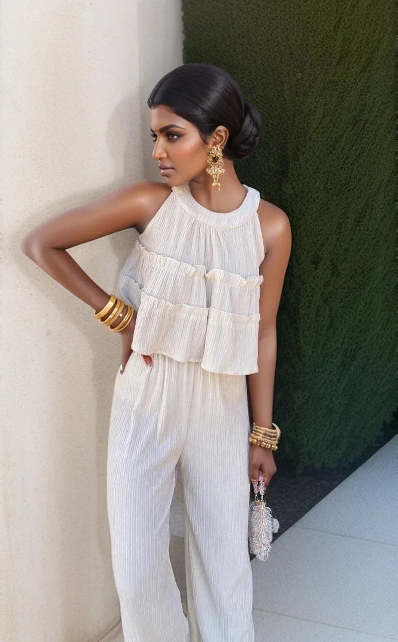 nvxiot - Summer New Sweet Ruffles O Neck Sleeveless Tops High Waist Loose Casual Straight Pants Fashion Two-piece Set for Women Outfits