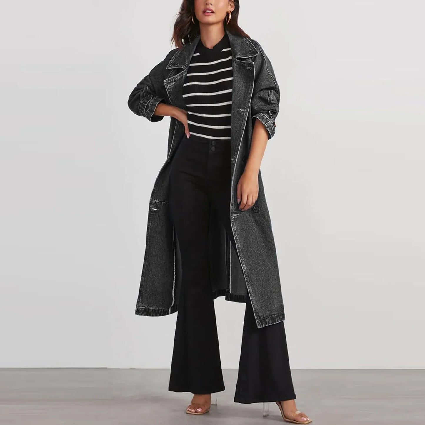 MQTIME - Women's Vintage Deep Blue Midi Long Jean Jacket Spring New Loose Fit Double Breasted Denim Jacket Trench Coat With Belts