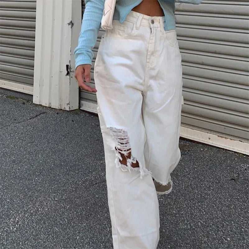 nvxiot - Ripped White Jeans Women Cargo Pants Fashion High Streetwear High Waist Jeans Vintage Straight Leg Harajuku Boyfriend Denim Pant