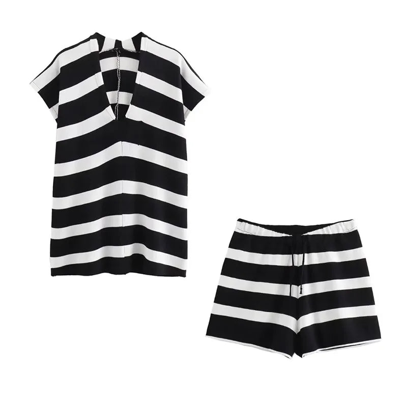 MQTIME - Casual Striped Women Short Suits V-neck Loose T-shirt Lace Up High Waist Mini Shorts 2024 Summer New Chic Female Two Pieces Sets