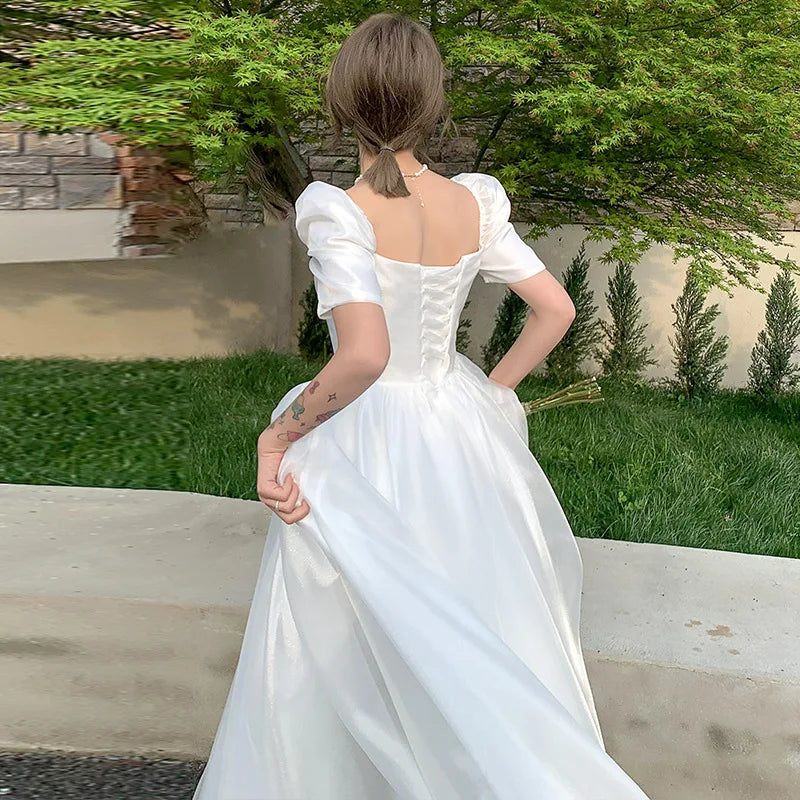 MQTIME - Wedding Party Dress Puff Sleeves French Style Simple Square Collar Dreamy Evening Dresses Grace Romantic Gentle Fashion Gown New