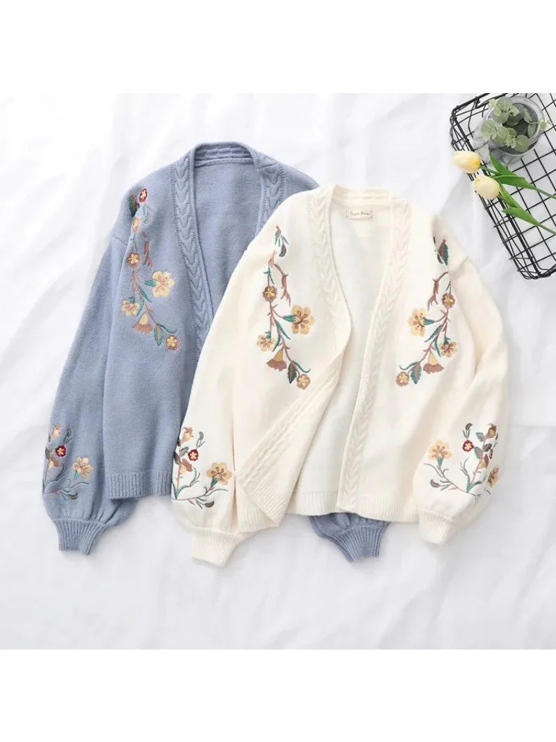 nvxiot - Japanese Mori Girl Autumn Winter Women Sweater V Neck Beige Blue Knitted Cardigan Elegant Floral Embroidery Warm Sweet Outerwear