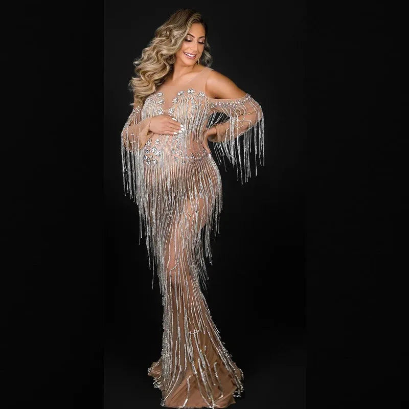 nvxiot - 2024 new arrivals blingbling diamond tassels maternity dresses pregnant women party plus size dresses for photo shoot