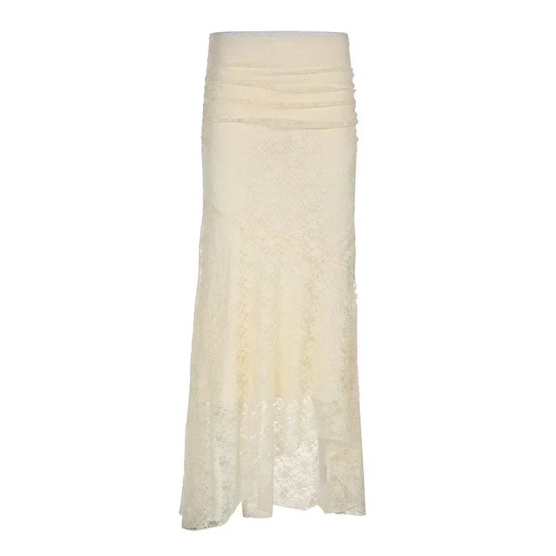 MQTIME - Semi Sheer Midi Long Skirt with Two Layer Lace Trumpet Mermaid Maxi Skirts @e-girl fairycore 2000s grunge goth aesthetic korean
