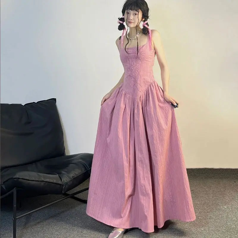 MQTIME - Midi Long Sleeveless Hollow Backless Sexy Elegant Pink Dress Women Maxi Dresses Summer y2k cloth fairycore 00s grunge aesthetic