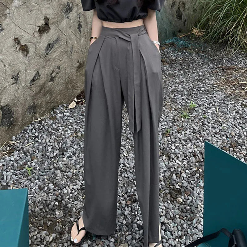 nvxiot - Fashion Women Wide Leg Pants Korea Chic High Waist Loose Mopping Suit Pants Elegant Lady Pleated Belt Strap Black Loose Trousers