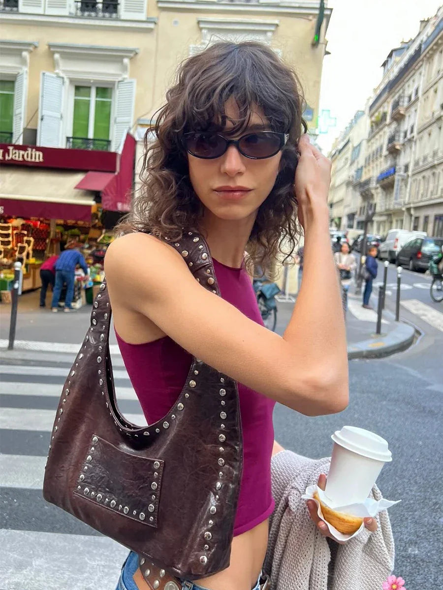 nvxiot - 24 new retro rivet decorative shoulder bag European and American motorcycle wind oil wax leather armpit handbag for women
