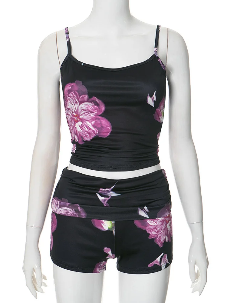 MQTIME - Flower Printed Shorts Sets For Women 2 Pieces Tank Top Fold Over Low Rise Short Pants Y2K Slim Outfit Summer Leisure Suit