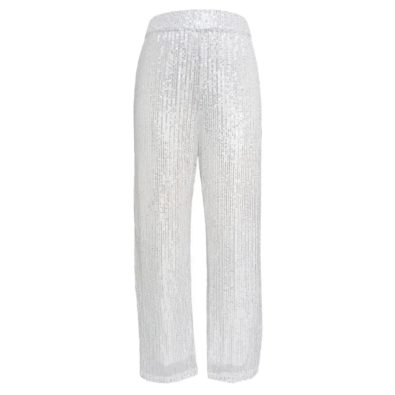 nvxiot - Sparkling Sequins Wide Leg Pants Women Fashion High Waist Loose Casual All Match Trousers Club Party Bottoms Christmas Outfits