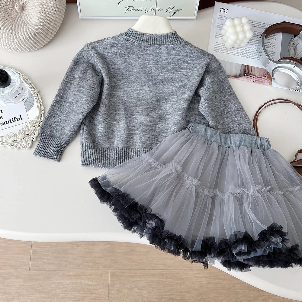 MQTIME - 2-7Y Girls' Sweater Set 2024 New Autumn Children's Knitted Cardigan Coat Tulle Skirts 2 Pcs Kid's Outfit
