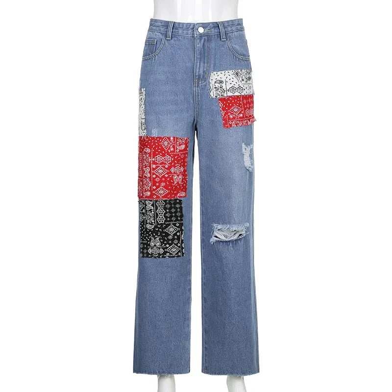 nvxiot - New Fashion Streetwear Bandana Patchwork Denim Pants Hole Ripped Jeans Women Fashion High Waist Jeans Straight Trousers