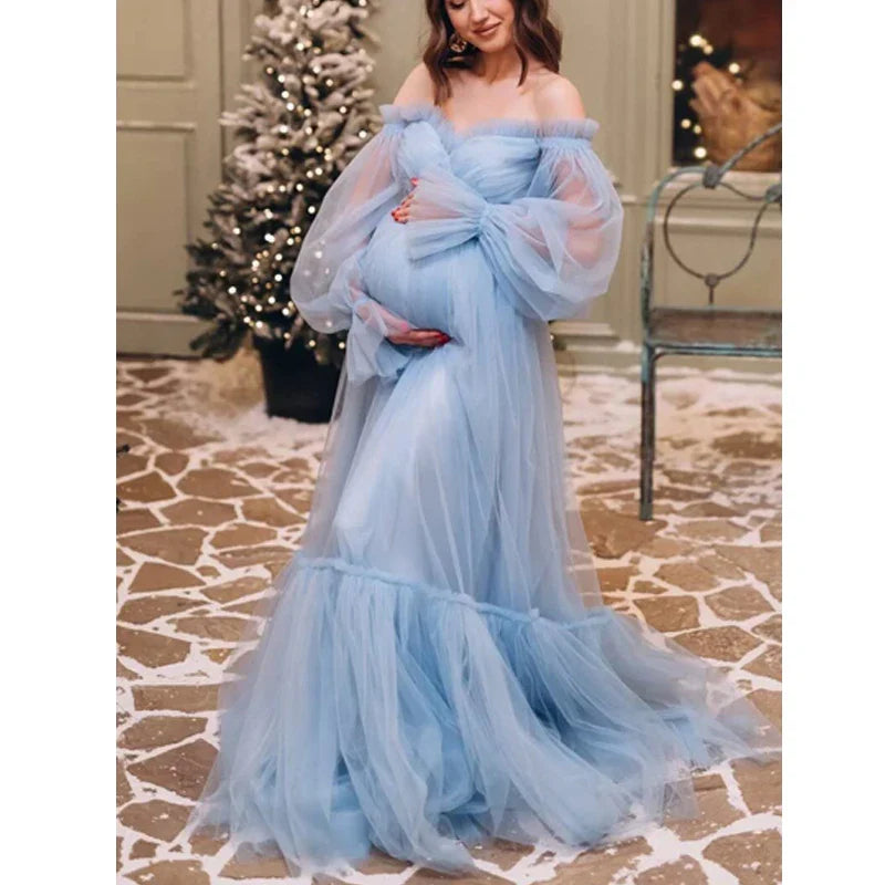 nvxiot - Puffy Sleeve Maternity Dress Tulle Robe With Underskirt for Photoshoot Off Shoulder Pregnancy Baby Shower Gown