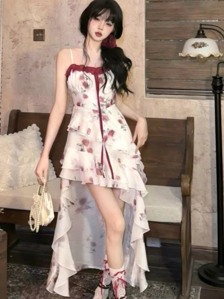 MQTIME - French Elegant Evening Party Mini Dress Women Vintage Y2k Slim Bow Print Irregular Design Strap Dress Summer Beach Style Fashion