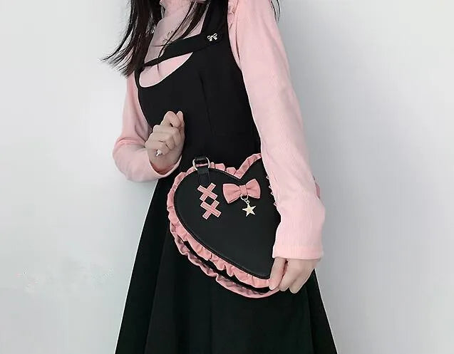 nvxiot - Lolita Kawaii Love Bow Knot Heart Purses Handbags Women Lolita Shoulder Bag Stitching Color Leather Japanese Handbag New