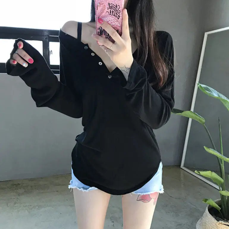 MQTIME - Lazy Style Long sleeved Polo Neck T-shirt Top Women Solid Versatile Loose Leisure Summer Sunscreen Bottom Shirt Women Clothing