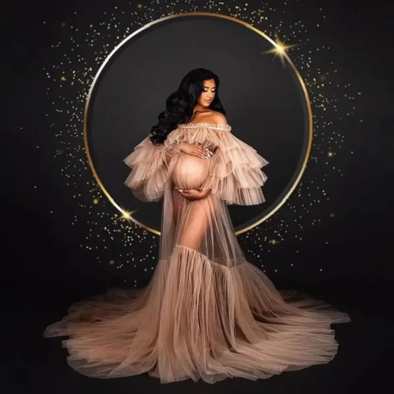 nvxiot - Dusty Pink See Thruough Maternity Dresses Tiered Tulle Off Shoulder Sheer Maternity Photography Dress Baby Shower