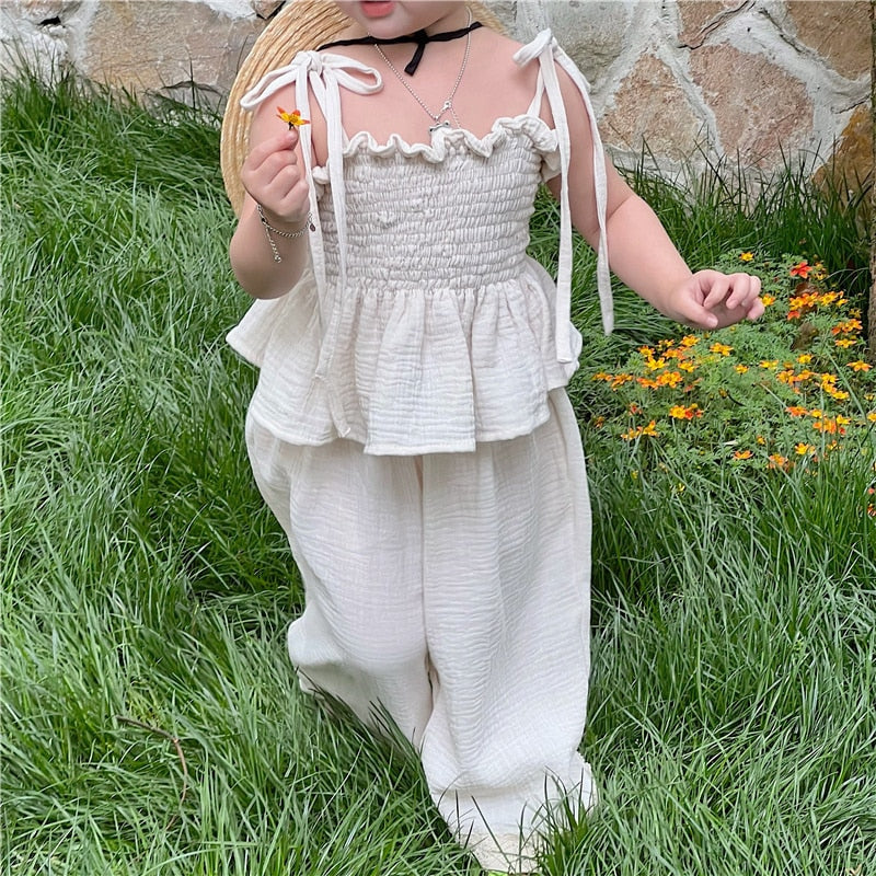 nvxiot Korean Children Kids Clothing Set Girls Summer Organic Cotton Tie Tank Sling Smocked Top Lace Wide Leg Pants Trousers Outfits