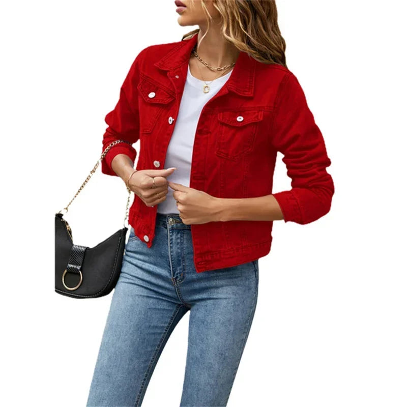 MQTIME - 2024 New Women Short Denim Jackets Fashion Female Casual Long Sleeve Lapel Solid Button Pocket Slim Jean Jacket Fall Winter Coat