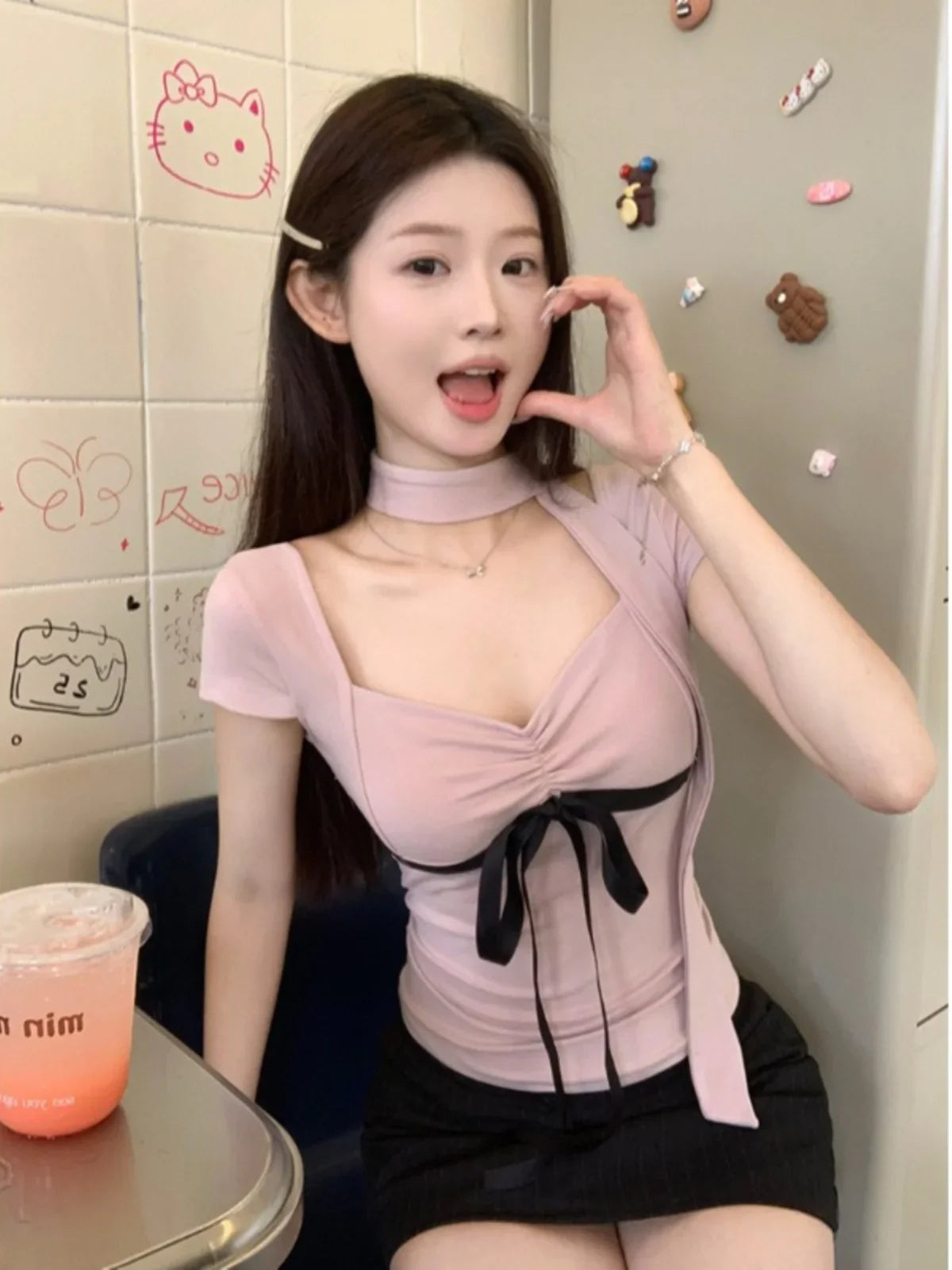 MQTIME - Lace-Up Neck Tie Ribbon Bow Slim T-Shirt Summer Women Skinny Elegant T Shirts Top#korean y2k cloth e-girl fairycore 2000s grunge