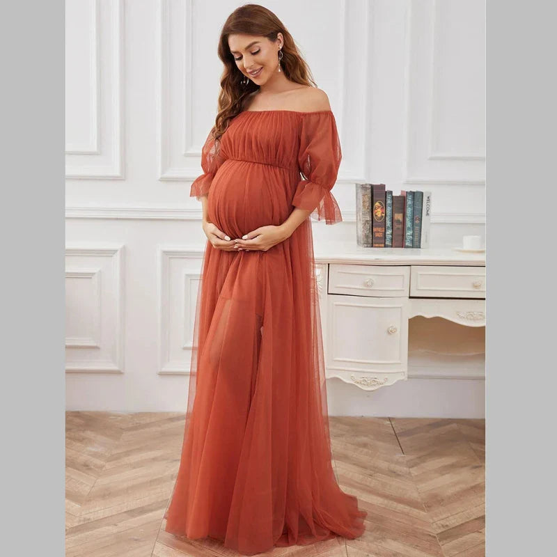 nvxiot - One Line Neck Maternity Ceremonial Dresses Short Sleeved Gauze Solid Color Long Pregant Dress Classic Cozy Photography Clothing