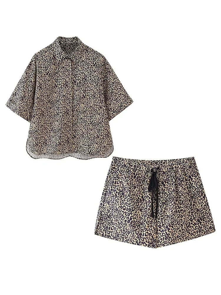 MQTIME - Leopard Print Shirts Shorts Sets Women 2024 Summer Single Breasted Lapel Short Sleeve Shirt Wide Leg Drawstring Shorts Outfits