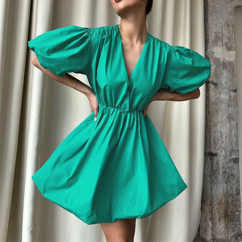 nvxiot Elegant V-Neck Lantern Pleated White Dresses For Women Fashion Solid Party Summer Mini Dress Princess Dress Vestidos