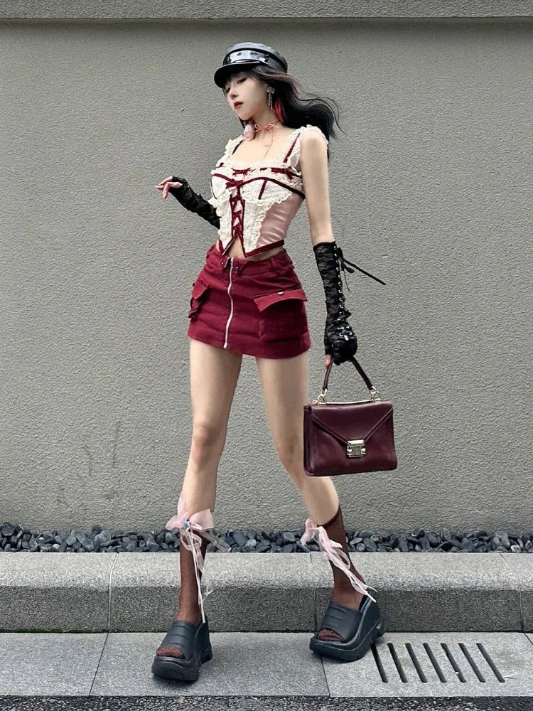 MQTIME - Sexy Red Zipper Mini Skirt Hotsweet High Street Pocket Cargo Skirt Korean Style Design High Waist Slim Skirts for Women