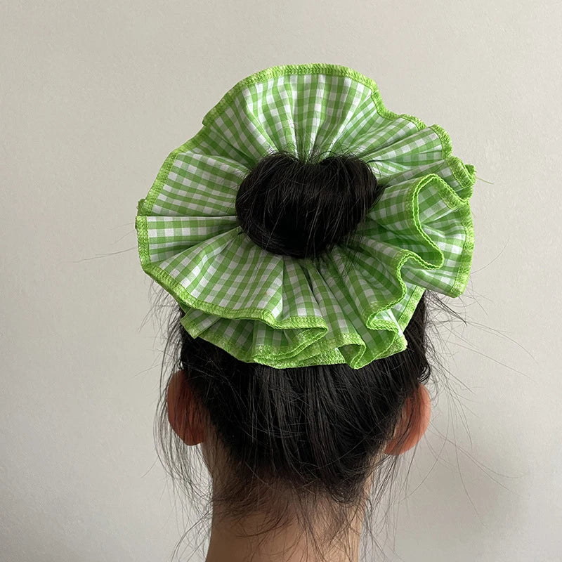 nvxiot - Retro Korean Flower Lace Scrunchies Four Layer Women Girls Exquisite Elastics Plaid Large Intestine Hair Holder Sweet INS Access