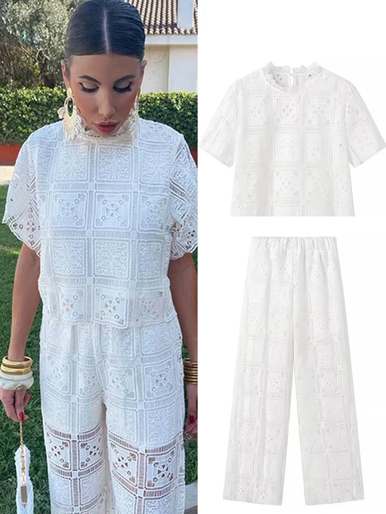 MQTIME - Hollow Out Solid Lace Pant Set Women O-neck Hook Pullover Top High Waist Trouser Suit 2 pieces 2024 Summer All-matching Outfits