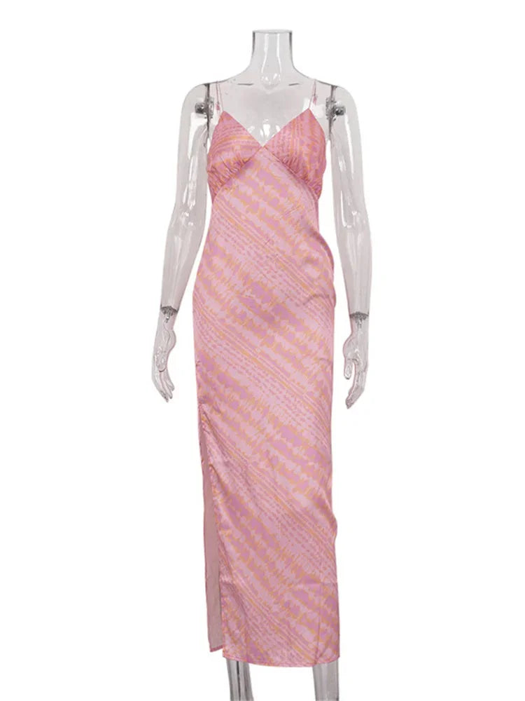 nvxiot - Sexy Printed Contrast Maxi Dress Women's V-Neck Backless Side Split Fashion Slim Autumn 2024 Party Dress Female Clothes