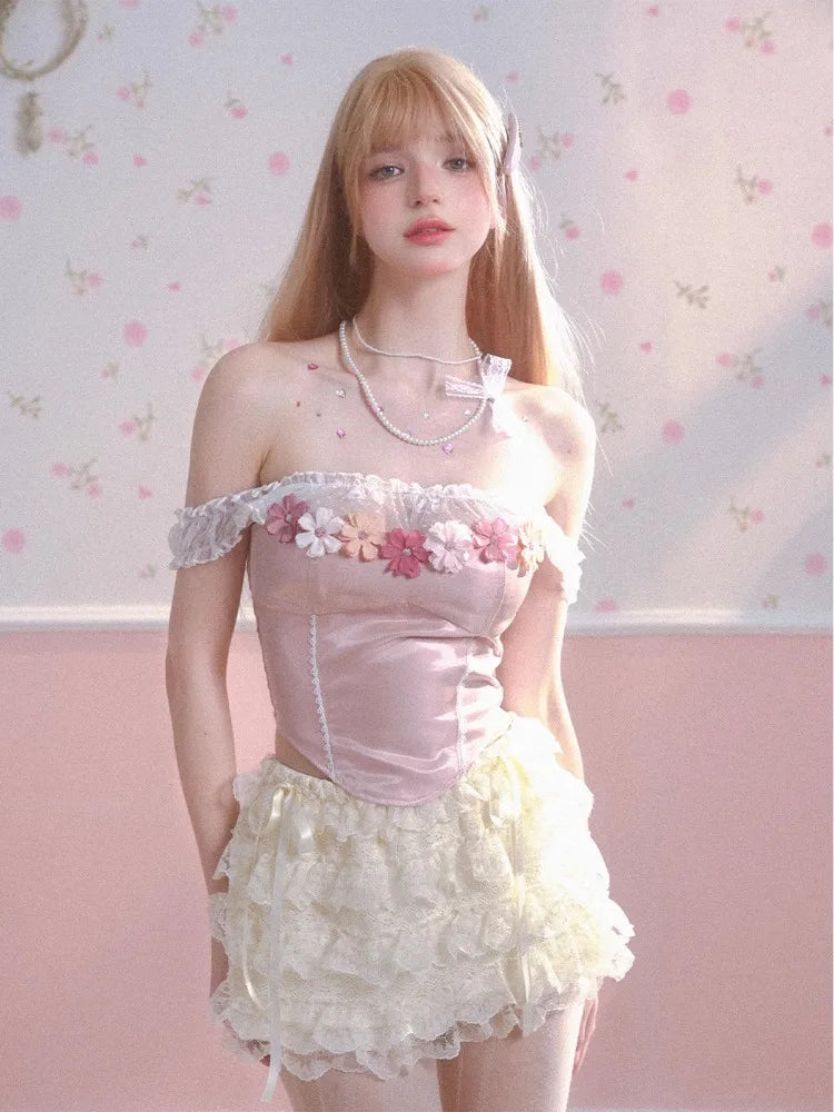 MQTIME - Pink Flower Off Shoulder T Shirts for Women Ballet Style Lace Patchork Corset Y2k Tops Summer Fashion Aesthetic Clothes