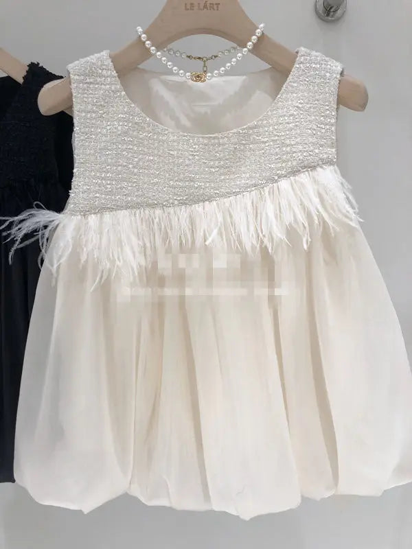 MQTIME - Summer New French Small Fragrance Style Paired Feather Sleeveless Doll Shirt Female Round Neck Short White Tank Top Women Trendy