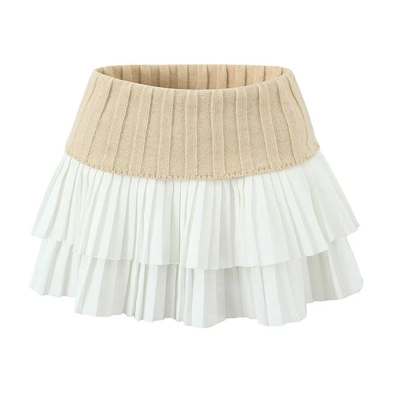 nvxiot - Sexy Knitted Double Layered Pleated Mini Skirt Women Elegant Sweet High Waist Cake Short Skirts Fluffy Autumn Street Party