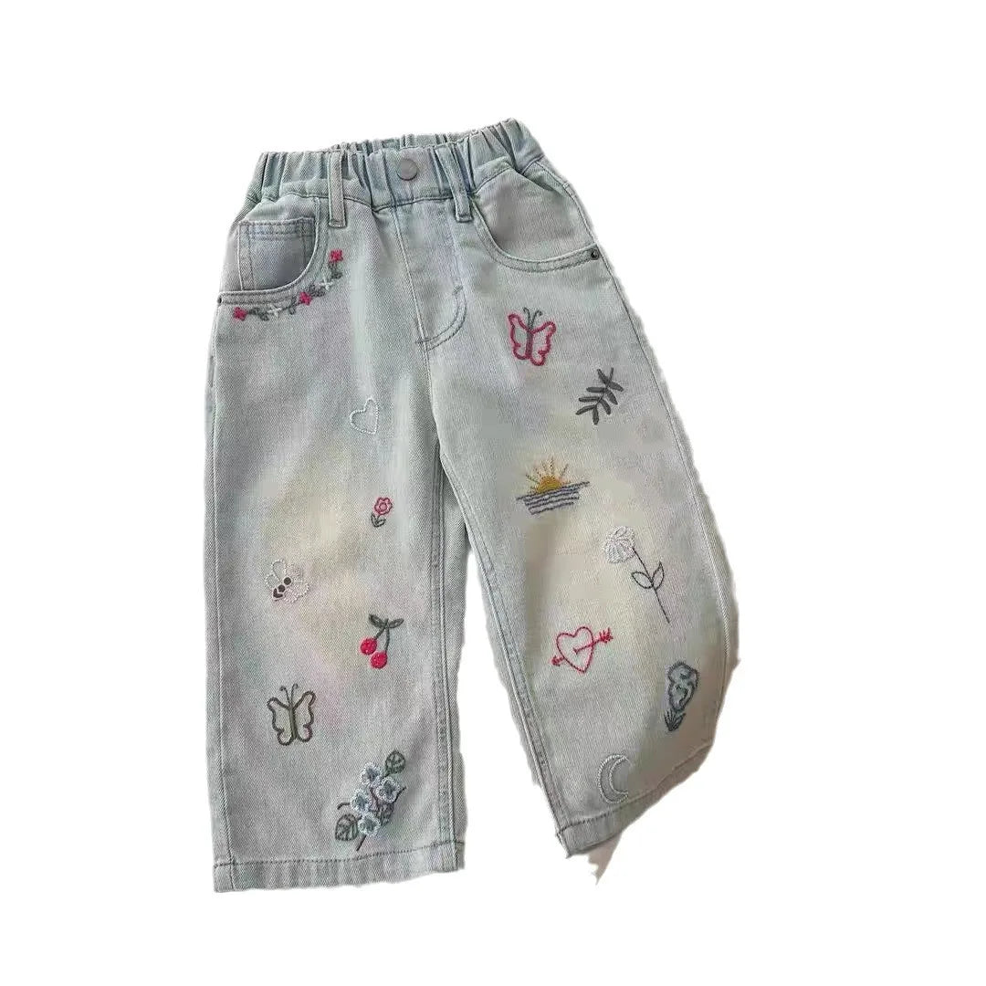 nvxiot - Summer Graffiti Babys Girl Jeans Korean Loose Embroidery Little Girl Denim Pants Elastic Waist Gradient Kids Girl Straight Pants