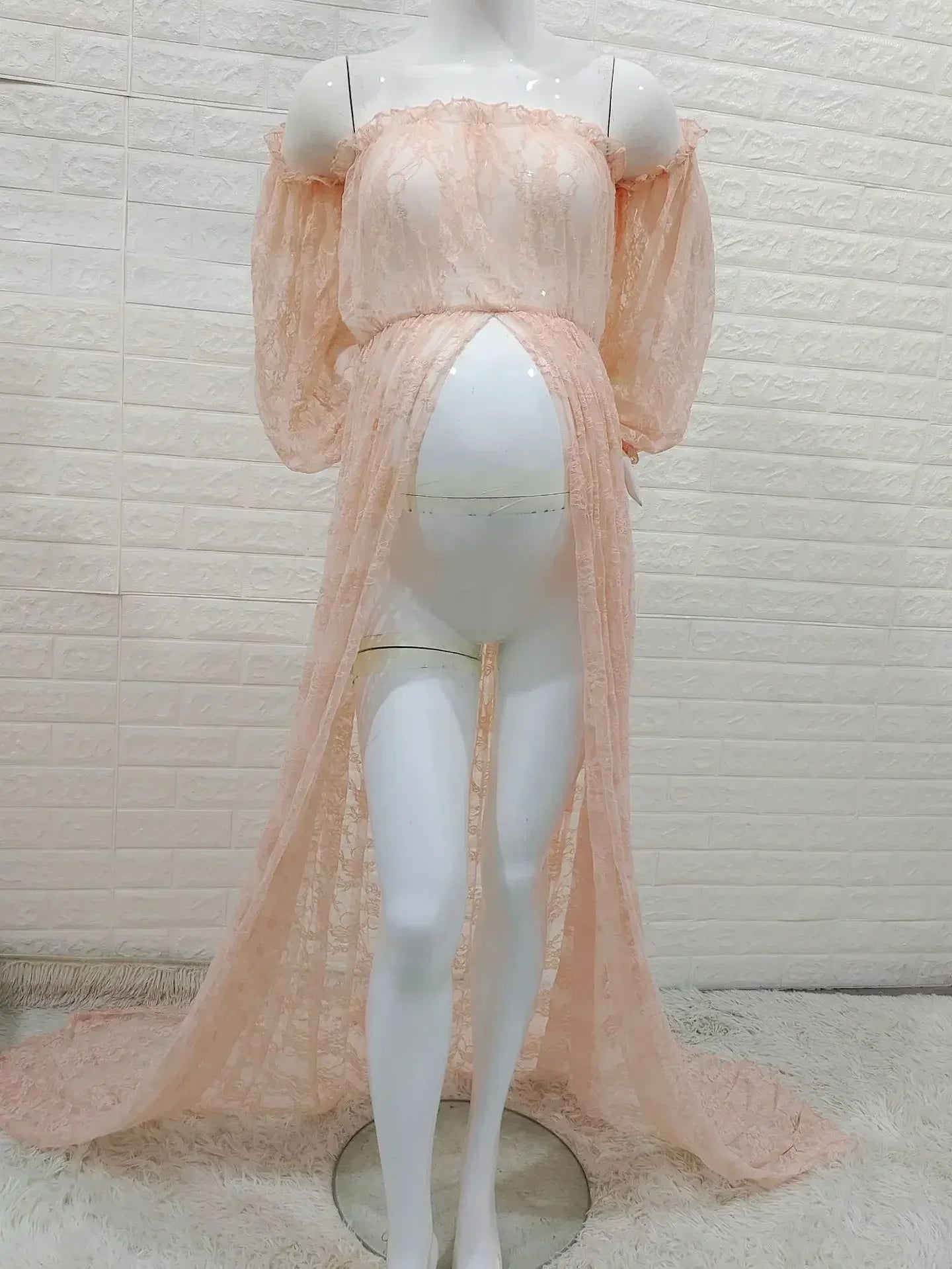 nvxiot - Maternity Photography Maxi Dress For Photo Shooting Slit Open Slash Neck Flower Lace Pregnancy Photo Shoot Long Lace Dress
